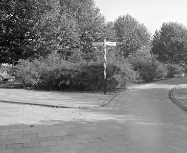 884381 Afbeelding van een paal met ANWB-wegwijzers bij een splitsing in het fietspad bij het Europaplein te Utrecht.
